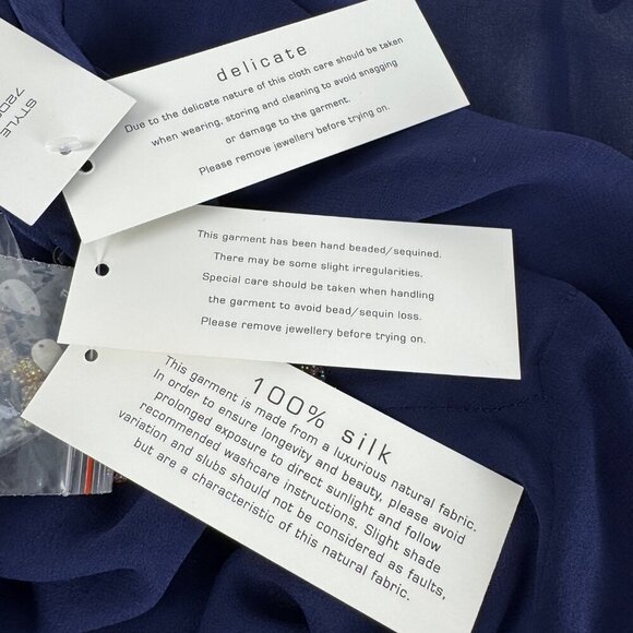 French Connection NEW 100% Silk Navy Blue Embellished Beaded Blouse Top Size 10 - Picture 8 of 10